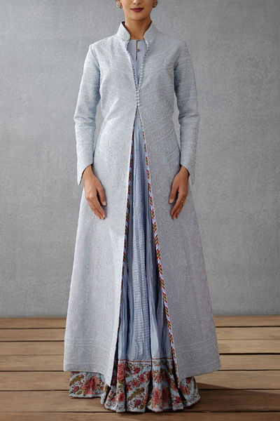 Blue embroidered long jacket and dress