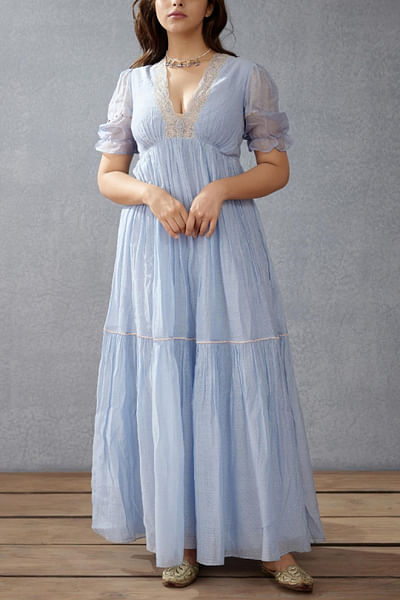 Blue block printed dress