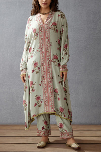 Sage green chintz printed kaftan set