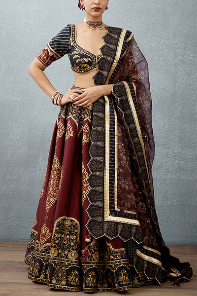 Black printed raw silk lehenga set
