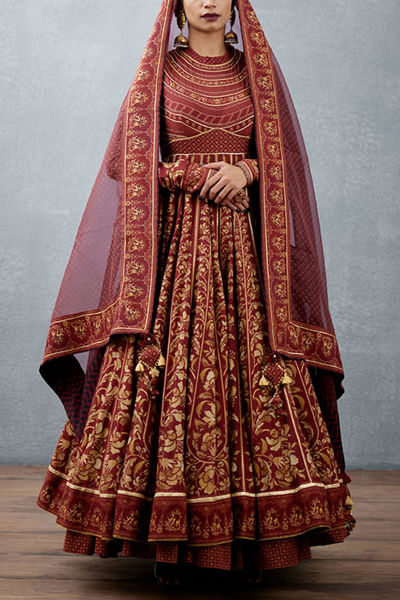Burgundy printed anarkali set