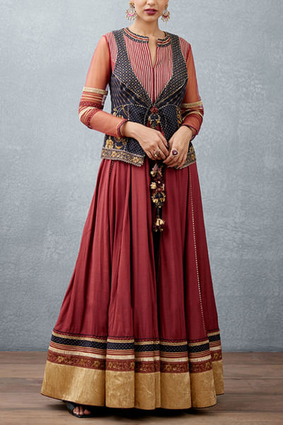 Burgundy printed anarkali and jacket set