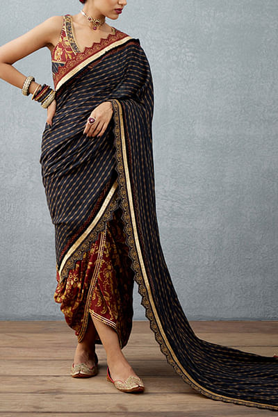 Burgundy printed pre-draped sari