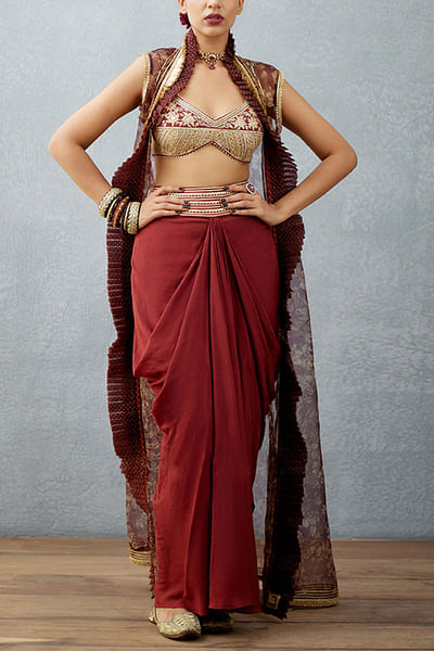 Burgundy printed cape and skirt set
