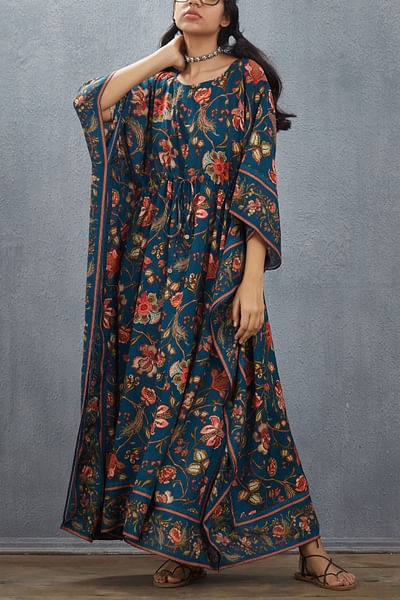 Blue chanderi printed kaftan
