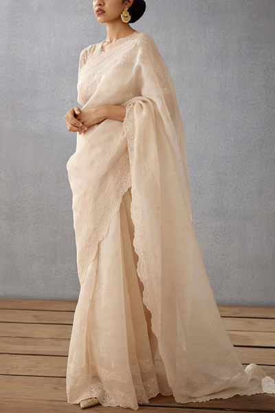 White embroidered silk organza sari