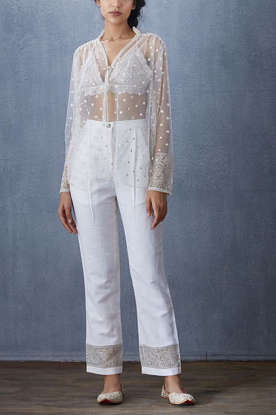 White sheet shirt with bralet and pants