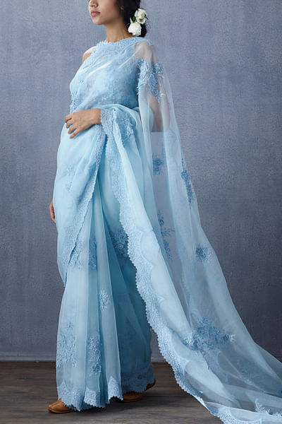 Sky blue embroidered organza saree
