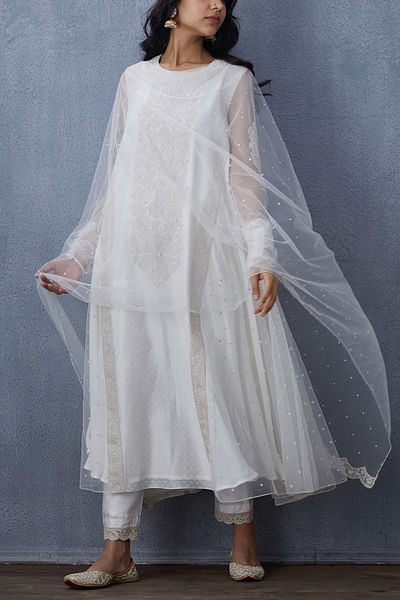 Off white embroidered anarkali set