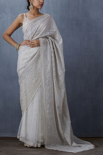 White organza embroidered saree