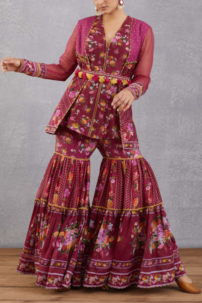 Red printed sharara and jacket set