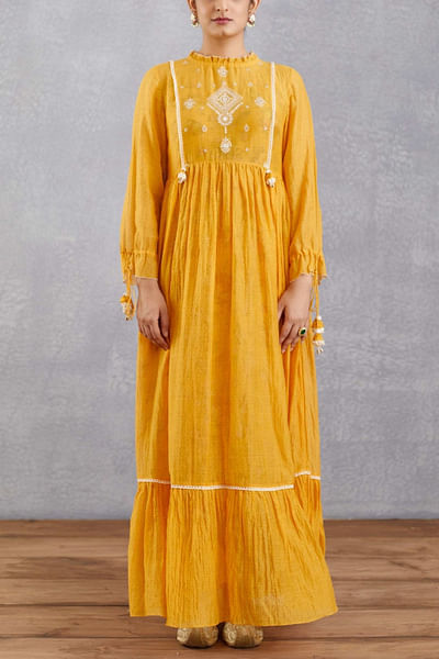 Yellow embroidered chanderi dress