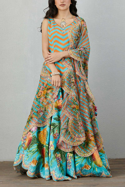 Blue printed lehenga and kurta set