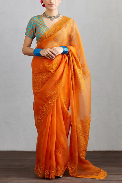Orange embroidered organza sari
