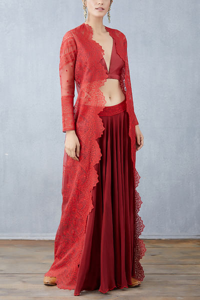 Ruby red embroidered cape & sharara set