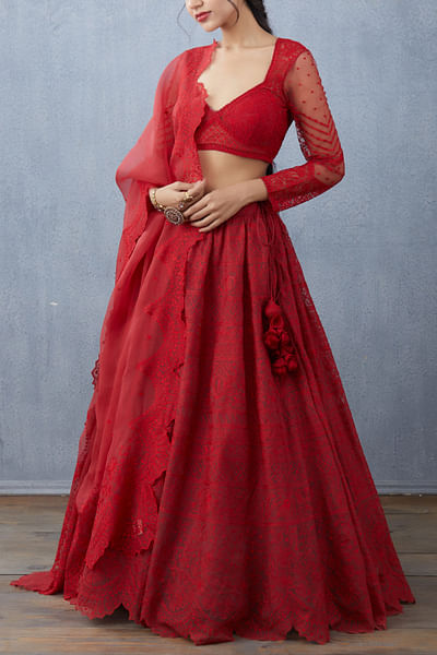 Ruby red embroidered lehenga set