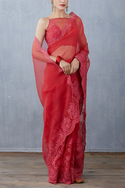 Crimson red embroidered organza sari