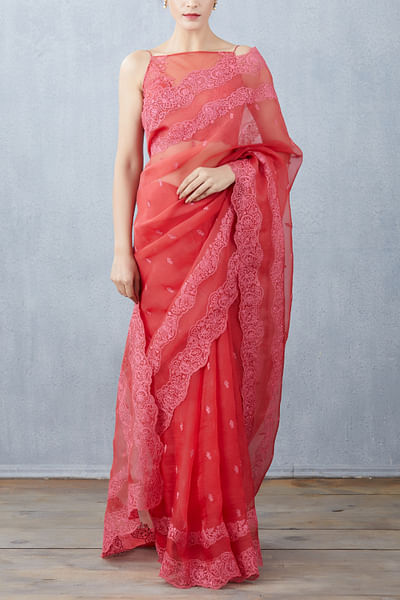 Crimson red embroidered organza sari set