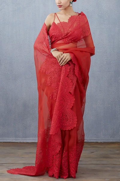 Ruby red embroidered organza sari