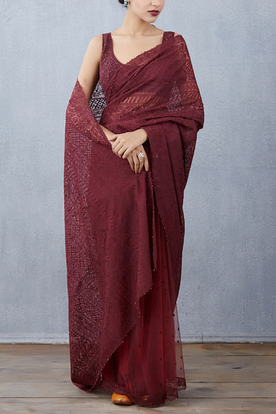 Maroon embroidered organza sari set