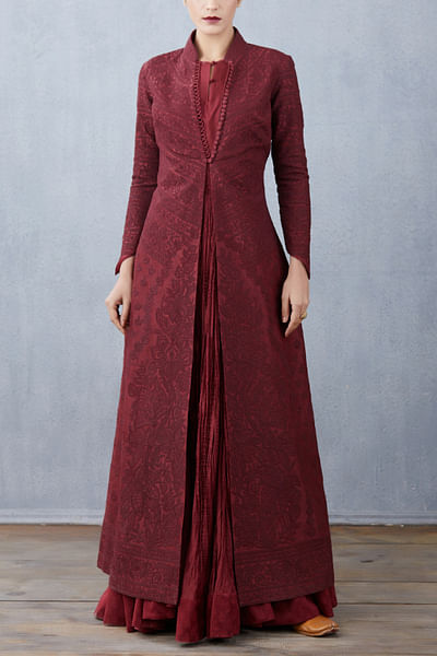 Maroon embroidered jacket and dress