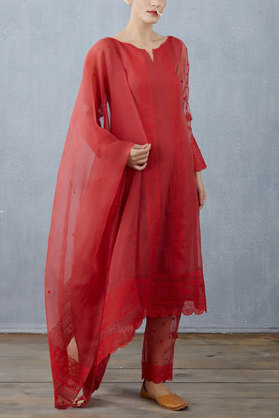 Crimson red embroidered kurta set