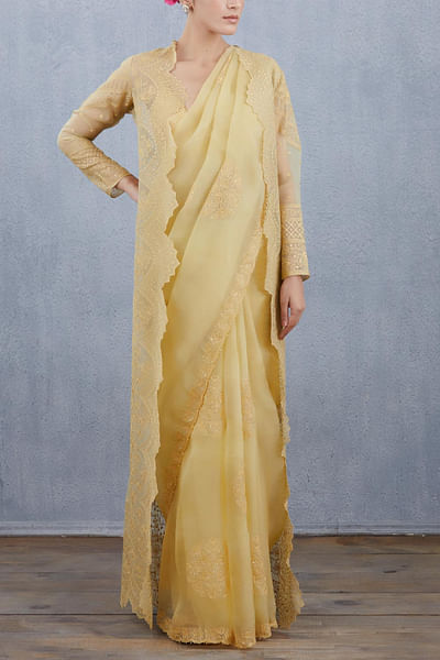 Yellow silk organza embroidered cape