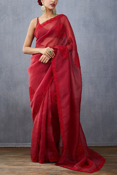 Red embroidered silk organza sari