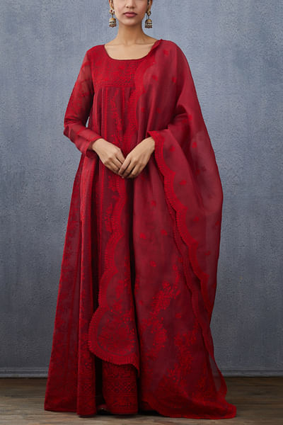 Red silk organza embroidered dupatta
