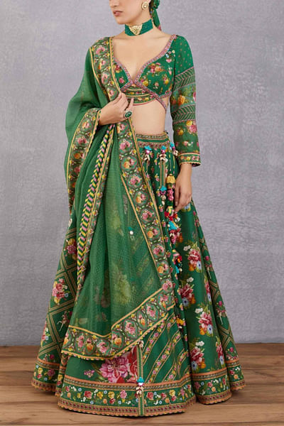 Emerald green floral lehenga set