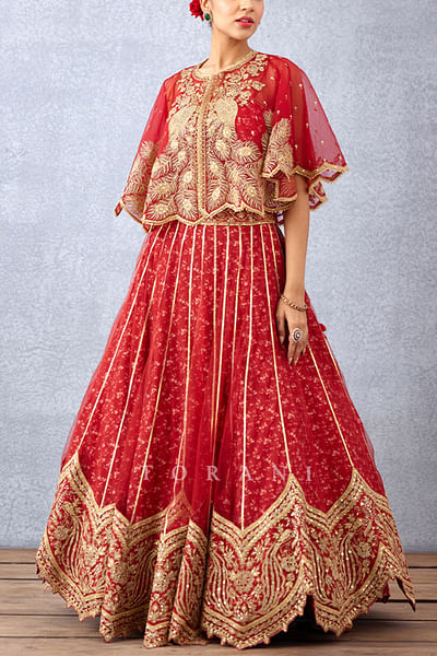 Red embroidered cape lehenga set