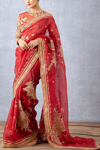 Red embroidered sari