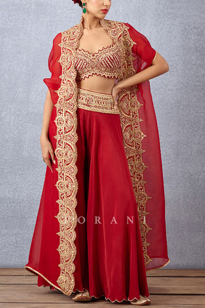 Red embroidered cape sharara set