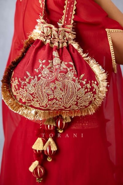 Red embroidered silk velvet potli bag