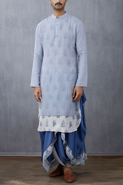 Blue and white printed chanderi kurta and dhoti