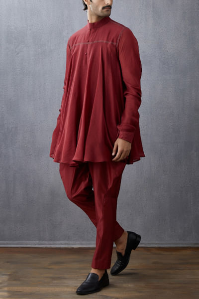 Maroon flared chanderi kurta set