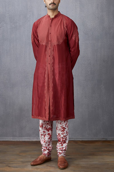 Maroon embroidered chanderi kurta set