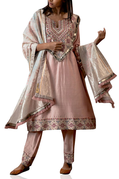 Pink, embroidered chanderi salwar kurta set
