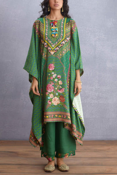 Emerald green printed kaftan set