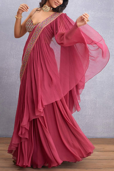 Ruby red chiffon sari set