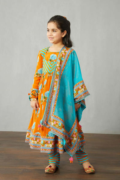 Orange floral kurta set