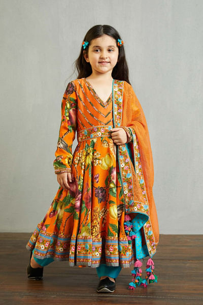Orange printed anarkali set