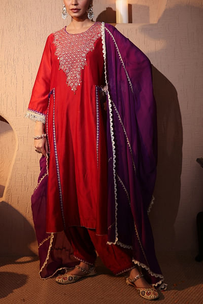 Red and purple aari embroidered kurta set
