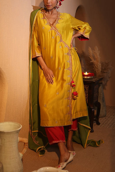 Mustard aari embroidered angrakha set