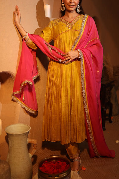 Mustard aari embroidered flared kurta set