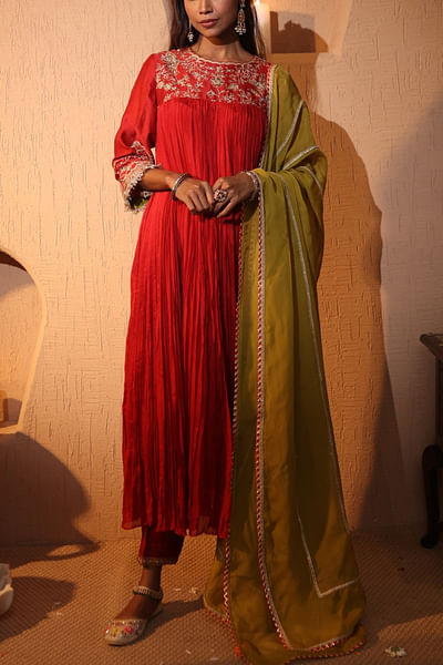 Red floral dori embroidered flared kurta set