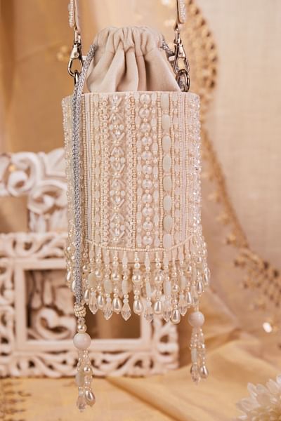 White crystal embellished bucket bag