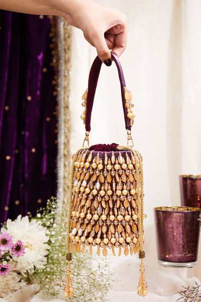 Purple crystal embellished bucket bag