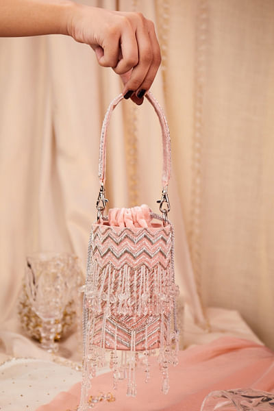 Pink bead embellished bucket bag