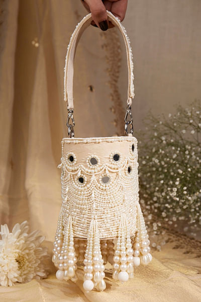 White mirror embellished bucket bag